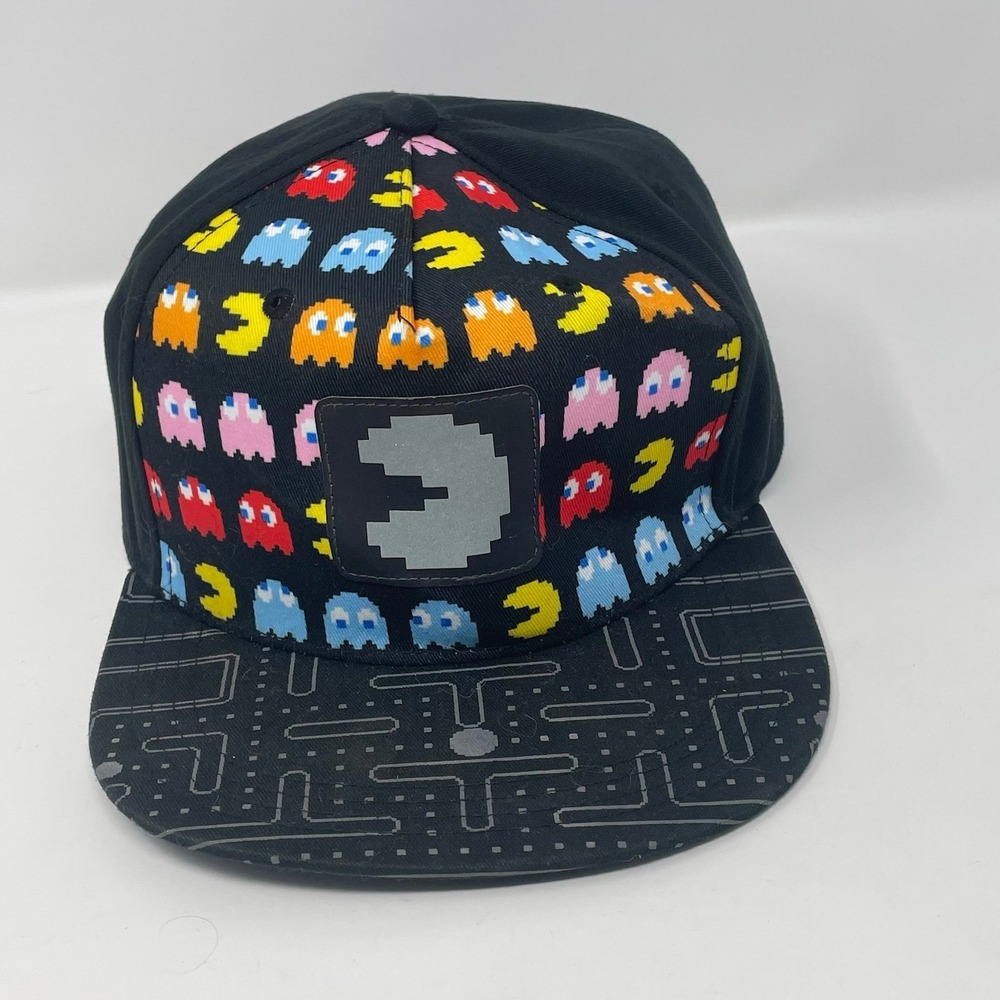 Official Bioworld Pac-Man Snapback Hat Cap Black Arcade Ghost Maze Video Game OS